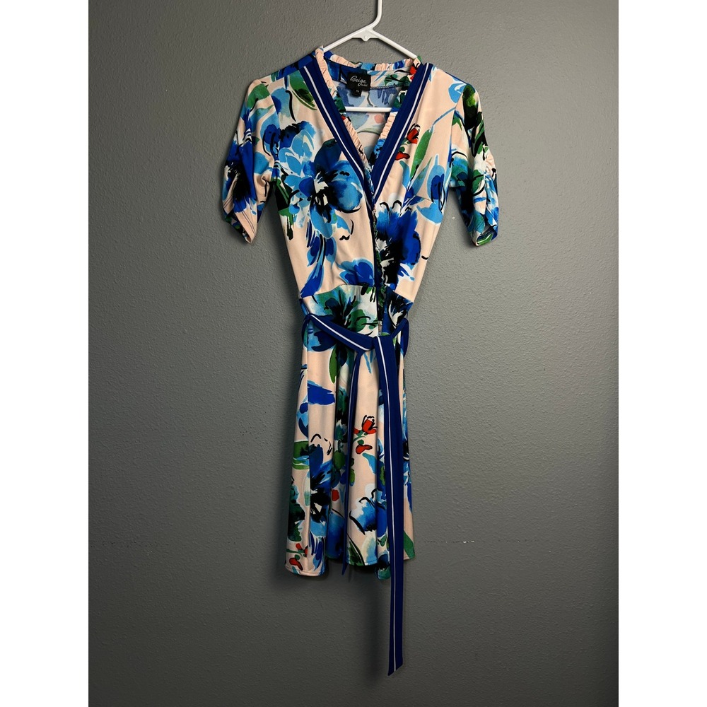 Beige by Eci Floral Artsy Faux Wrap Dress Peach Blue Green V-Neck Size XS